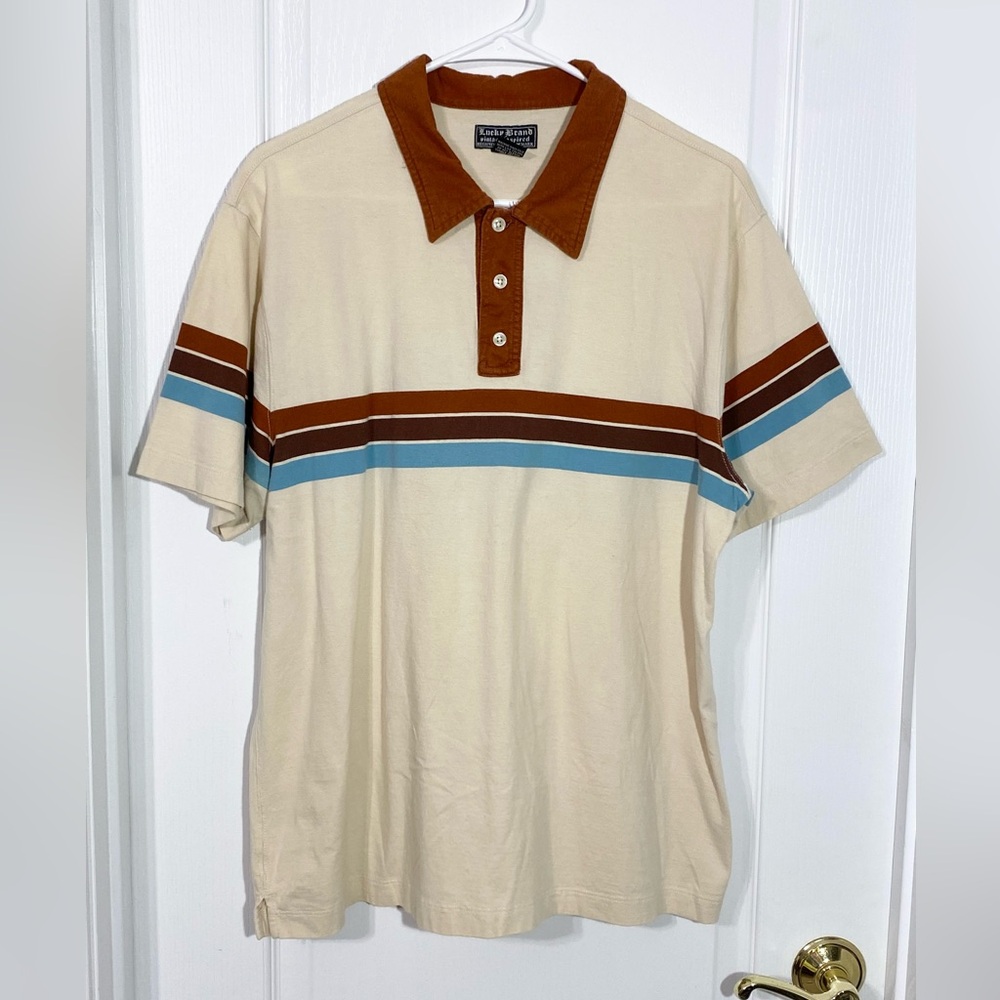 Y2K Lucky Brand Retro Striped Polo Vintage Cream Men’s XL